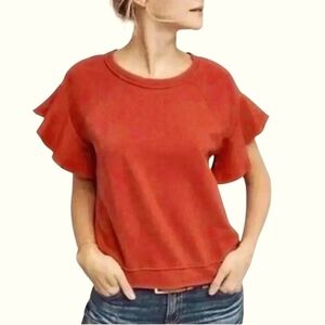 🔥ANTHROPOLOGIE Saturday Sunday Red Cotton Ruffle Flutter Sleeve Top  Size XS